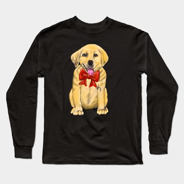 Dog Labrador retriever with red bow- doggie festive cute Golden Labrador retriever puppy dog in winter beanie hat Long Sleeve T-Shirt by Artonmytee